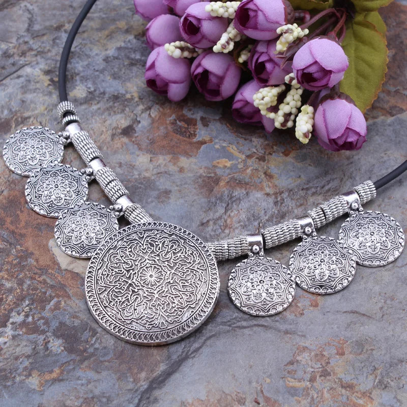 KIMLUD, Bohemian Gypsy Vintage Ethnic Tibetan Big Carved Flower Round Tassels Pendants Necklaces For Women Statement Maxi Jewelry, KIMLUD Womens Clothes