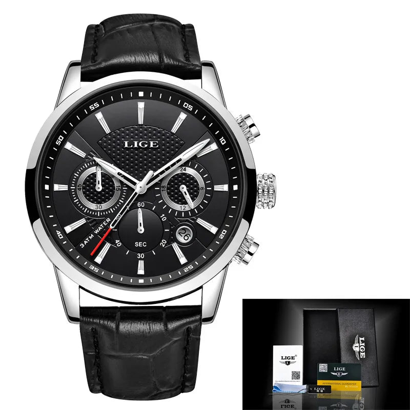 KIMLUD, Multifunction Mens Watches LIGE Top Brand Luxury Casual Quartz Watch Men Sport Waterproof Clock Silver Watches Relogio Masculino, Silver black L, KIMLUD APPAREL - Womens Clothes