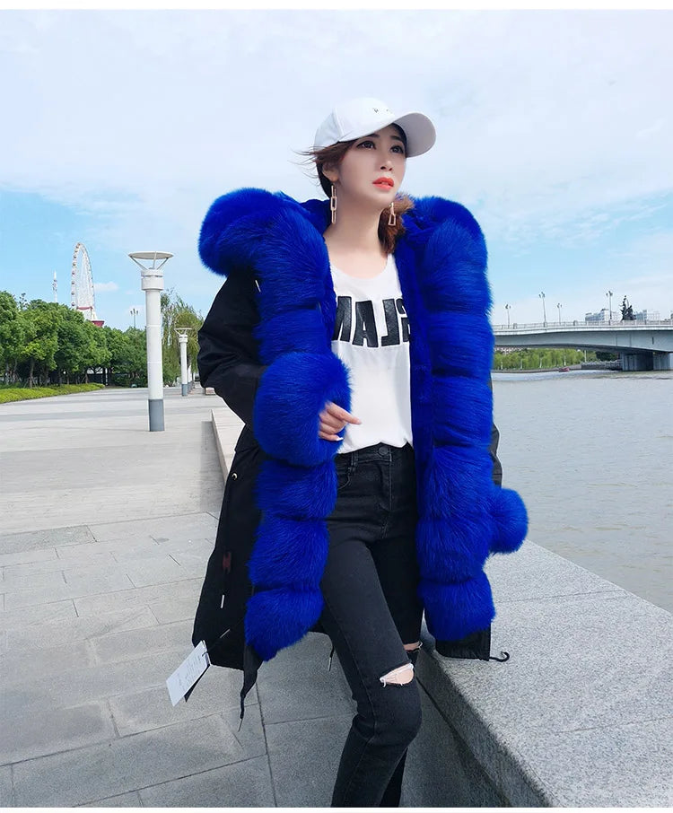 2023 Natural Real Fox Fur Jacke Coat Real Fox Fur Collar Cuff Hooded Coat Short Parka Long Camouflage winter jacket