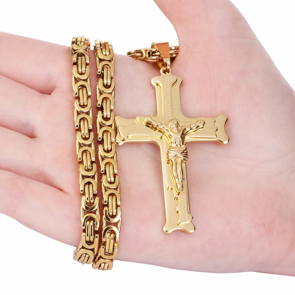 KIMLUD, Gold Color Stainless Steel Jesus Cross Pendant Necklace 6mm Link Byzantine Chain Necklace Long Heavy Men Jewelry collares MN68, KIMLUD Womens Clothes