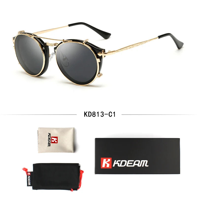 Kdeam Happy Clip On Sunglasses Men Removable Round Glasses Steampunk Women Carve Design Sunglass With Brand Box