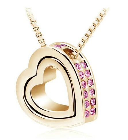 KIMLUD, quality float double Heart Pendant sweater chain Necklace crystal shine rhinestone charm birthday gift girls wed fashion jewelry, gold pink, KIMLUD APPAREL - Womens Clothes