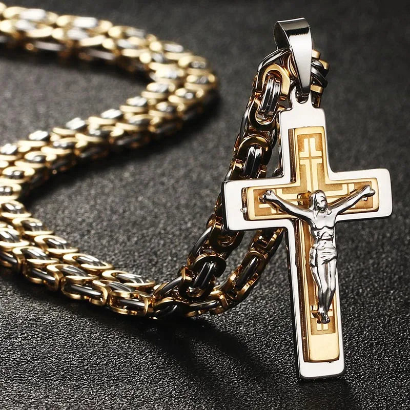 Religious Men Stainless Steel Crucifix Cross Pendant Necklace Heavy Byzantine Chain Necklaces Jesus Christ Holy Jewelry Gifts