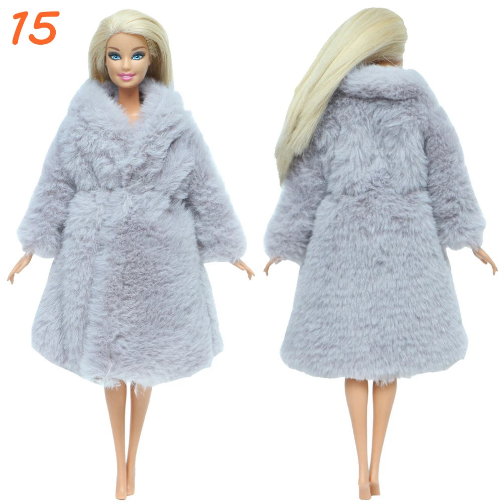 KIMLUD, Multicolor 2 Pcs/Set Long Sleeve Soft Fur Plush Coat Dress + High Heel Winter Wear Accessories for Barbie Doll Clothes Kids Toy, 15, KIMLUD APPAREL - Womens Clothes