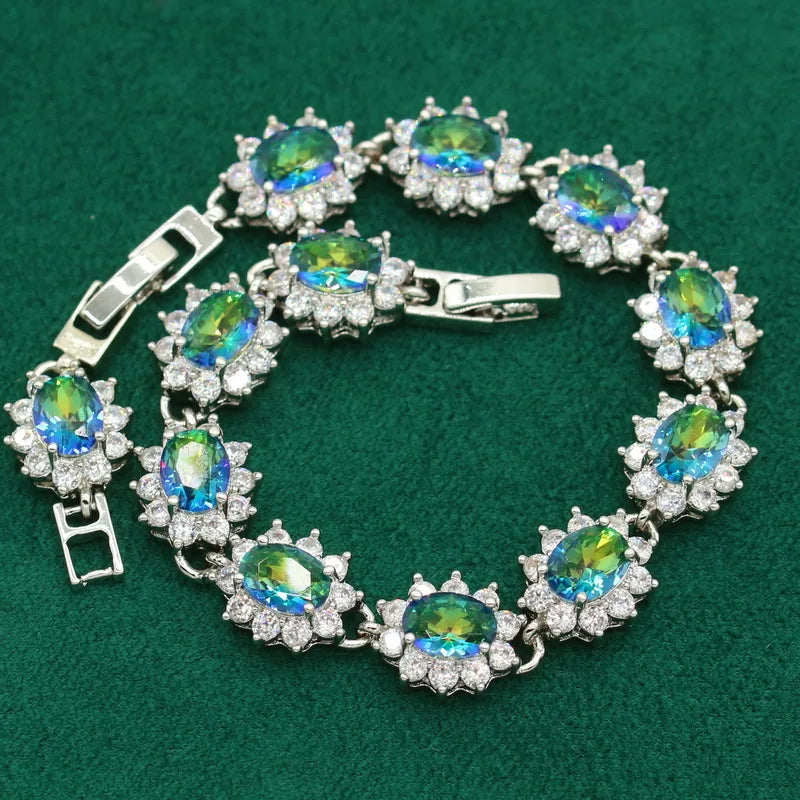 Classic Rainbow Topaz 925 Sterling Silver Jewelry Sets For Women Bracelet Earrings Necklace pendant Ring Wedding Bride 4PCS