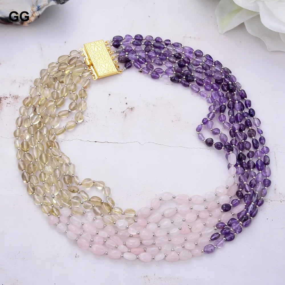 KIMLUD, GuaiGuai Jewelry Unique Real Natural 7 Strands Amethyst Rose Quartz Lemon Quartz Freeform Necklace 18", KIMLUD Womens Clothes