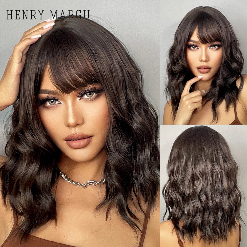 KIMLUD, HENRY MARGU Red Copper Ginger Synthetic Wigs with Bangs Medium Water Wave Natural Bob Daily Hair Wigs for Women Heat Resistant, lc210-4N wig, KIMLUD APPAREL - Womens Clothes