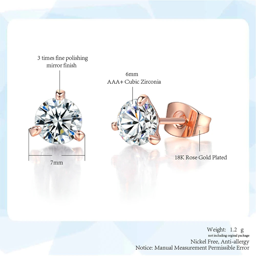 Simple 0.7 Carat Cubic Zirconia Stud Earrings Rose Gold Color Silver Color Fashion AAA+ CZ Stone Jewelry For Women brincos E435