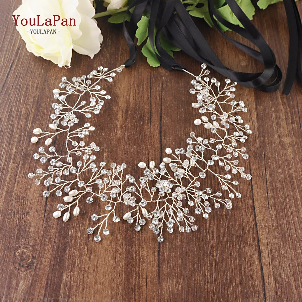 YouLaPan SH10 Golden Wedding Belt Pearls Crystal Belt Handmade Rhinestone Belt for Wedding Accessories Golden Bridal Sash Belt