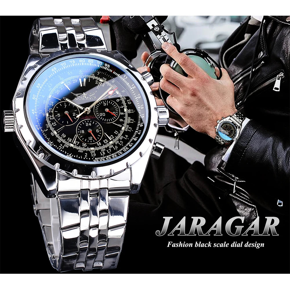 KIMLUD, Jaragar Blue Glass Design Black Silver Automatic Watch Stainless Steel Date Clock Luminous Men Business Mechanical Wristwatch, KIMLUD Womens Clothes