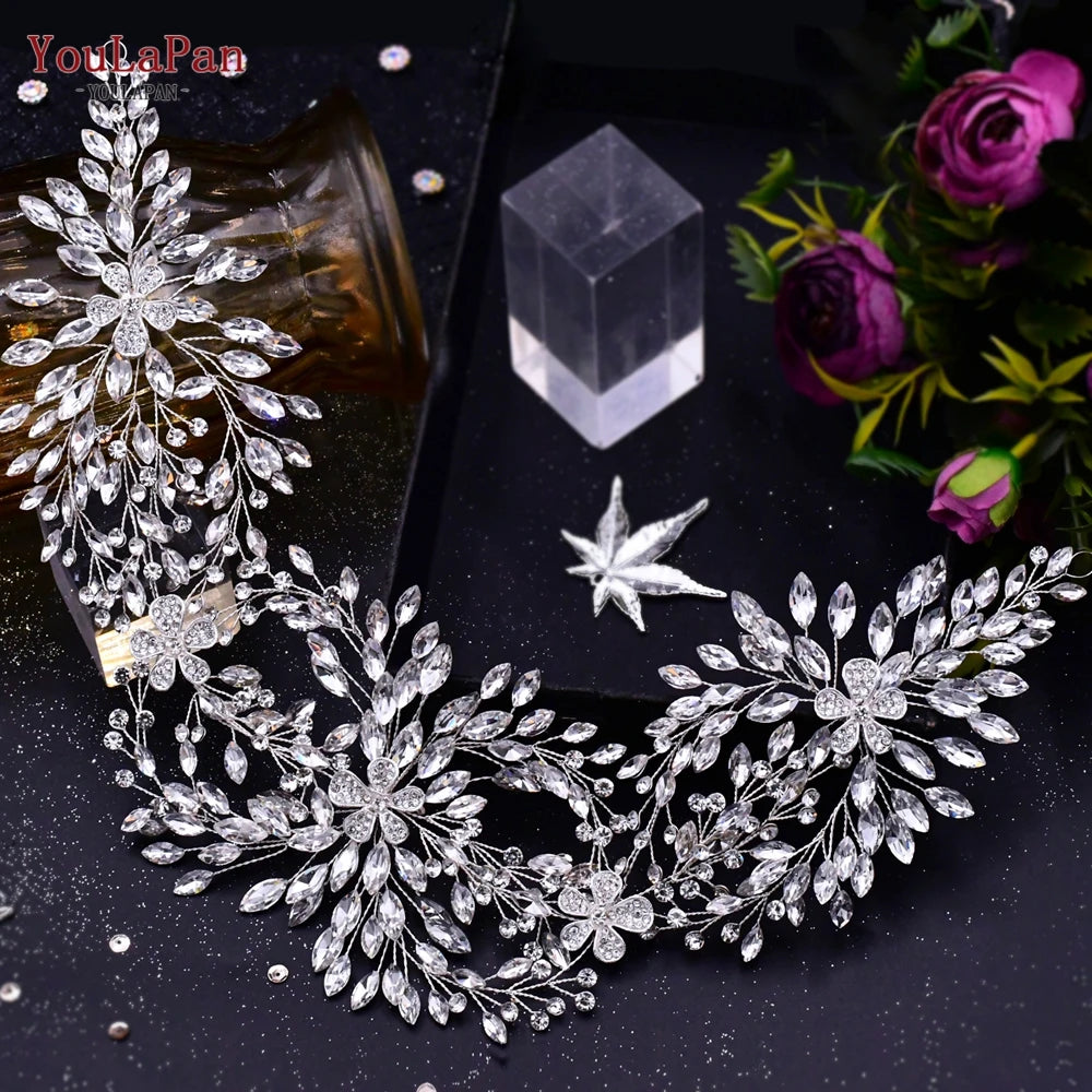 KIMLUD, YouLaPan HP409 Woman Headband Tiara Headwear for Bridal Wedding Hair Accessories Luxury Rhinestone Women Crown Flower Headpiece, HP390-Silver, KIMLUD APPAREL - Womens Clothes