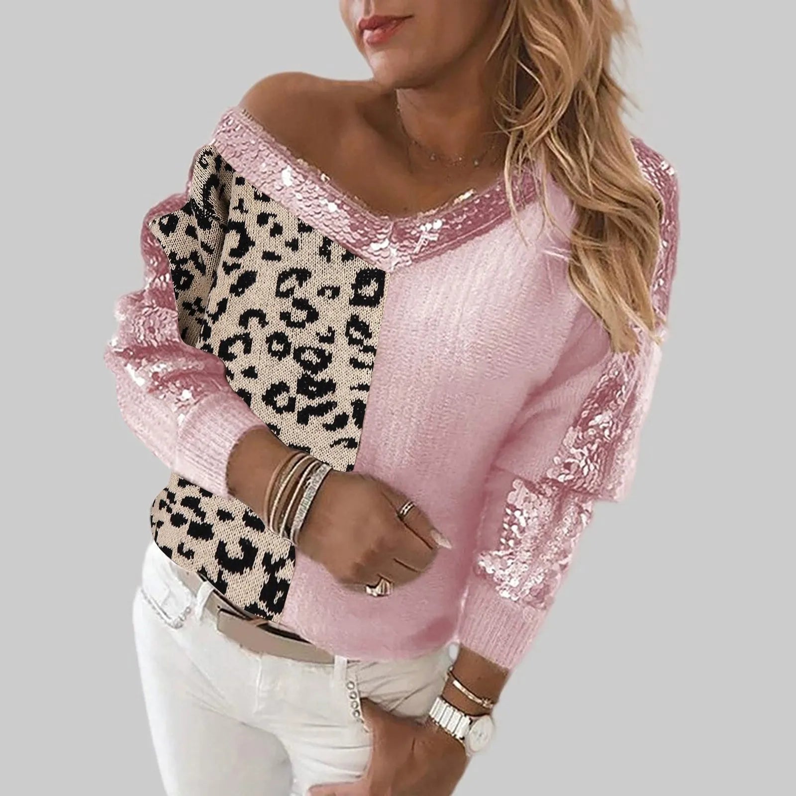 KIMLUD, Women Sweater Stitching Leopard Print Sequin Blouse V Neck Temperament Pullover Long Sleeved Female Casual Elegant Pullover, KIMLUD Womens Clothes