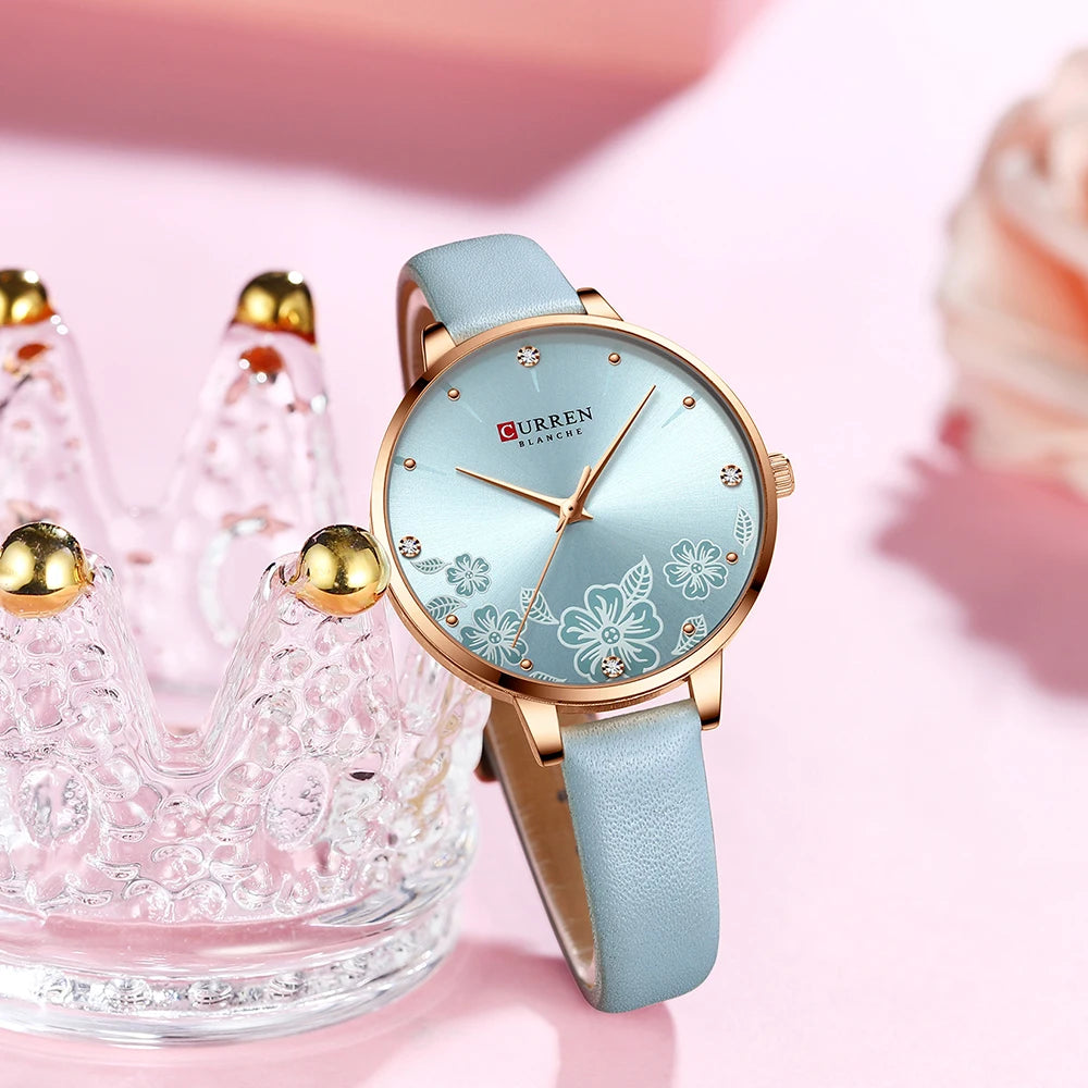 CURREN Watches Women Brand Leather Quartz Wristwatches Luxury Design Clock for Ladies Charm Flowers Dial Montre Femme