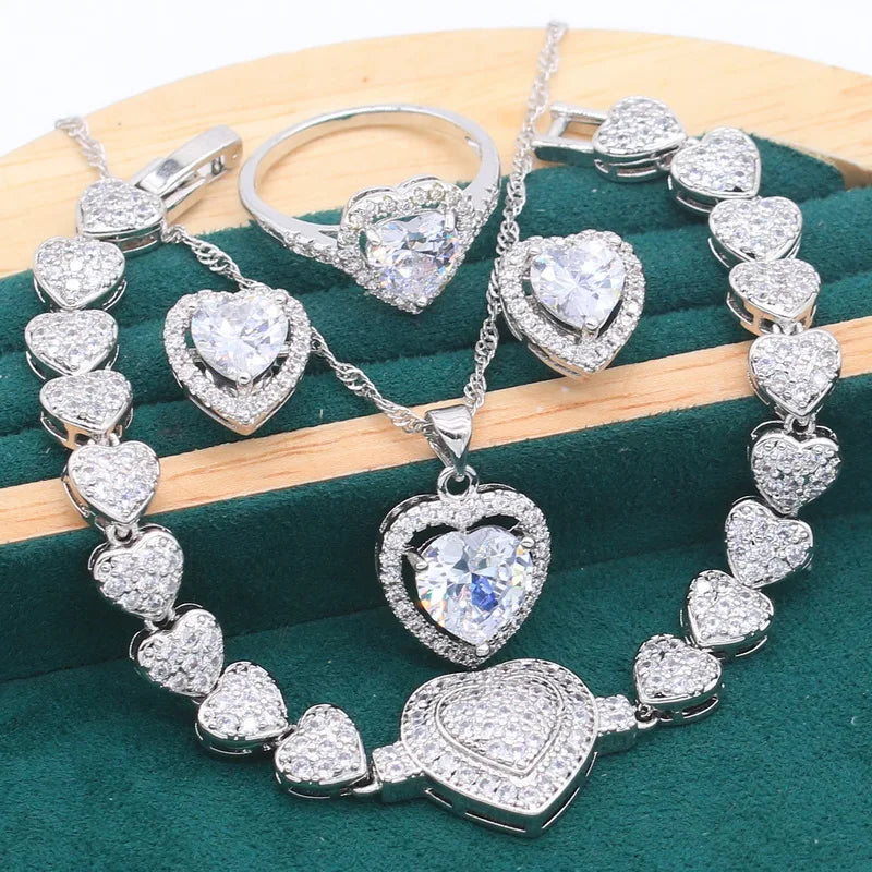 925 Sterling Silver Jewelry Sets For Women Wedding White Zircon Bracelet Pierced Earrings Necklace pendant Ring Free Gift Box