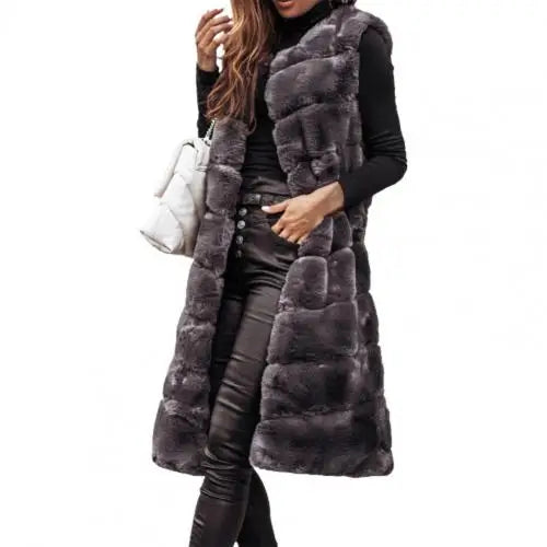 KIMLUD, Autumn Winter Women Jacket Vest Solid Color Round Neck Faux Fur Coat Thick Crew Neck Outerwear Plush Jacket for Women, Grey / S, KIMLUD APPAREL - Womens Clothes