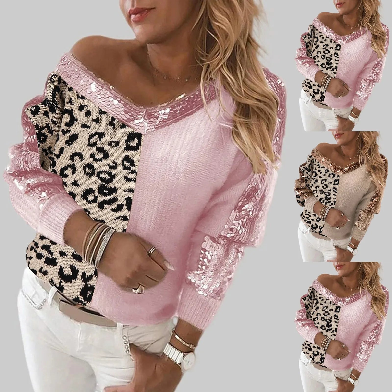 KIMLUD, Women Sweater Stitching Leopard Print Sequin Blouse V Neck Temperament Pullover Long Sleeved Female Casual Elegant Pullover, KIMLUD Womens Clothes