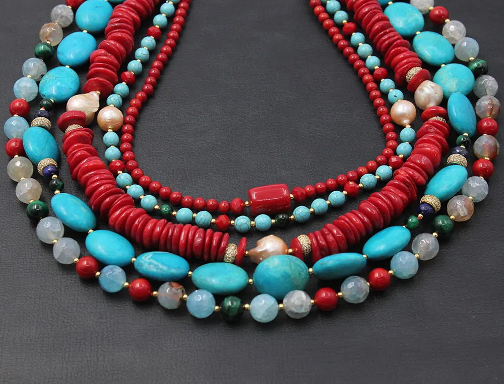 KIMLUD, GG 5 Rows Freshwater Keshi Pearl Howlite Rondelle Tiger eye Red Coral Lapis Crystal Statement Necklace Handmade For Women, KIMLUD Womens Clothes