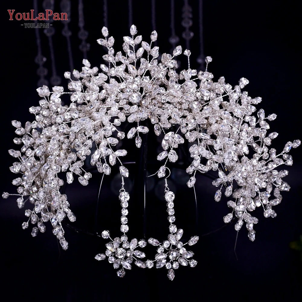 KIMLUD, YouLaPan Bride Exquisite Headband Tiara Full Rhinestone Bridesmaid Hair Band Women Fashion Headwear Wedding Accessories HP385, 1 crown 1 earring, KIMLUD APPAREL - Womens Clothes