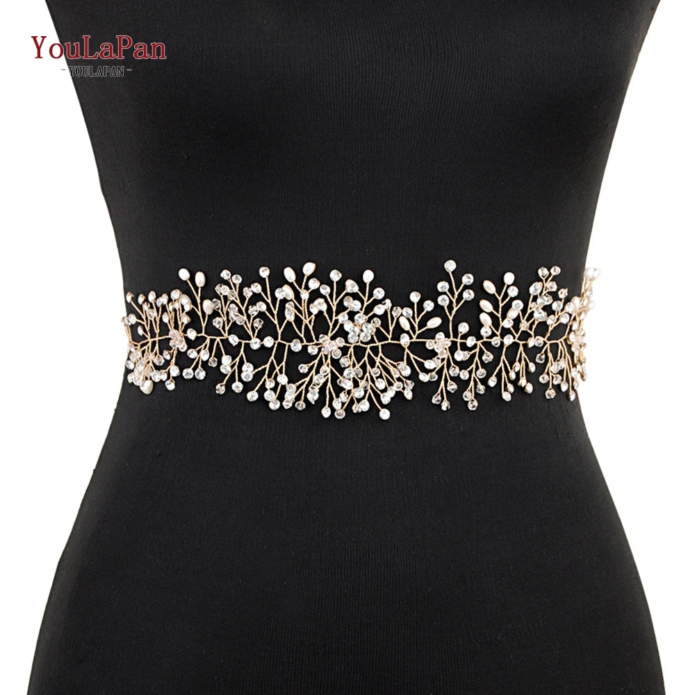 YouLaPan SH10 Golden Wedding Belt Pearls Crystal Belt Handmade Rhinestone Belt for Wedding Accessories Golden Bridal Sash Belt