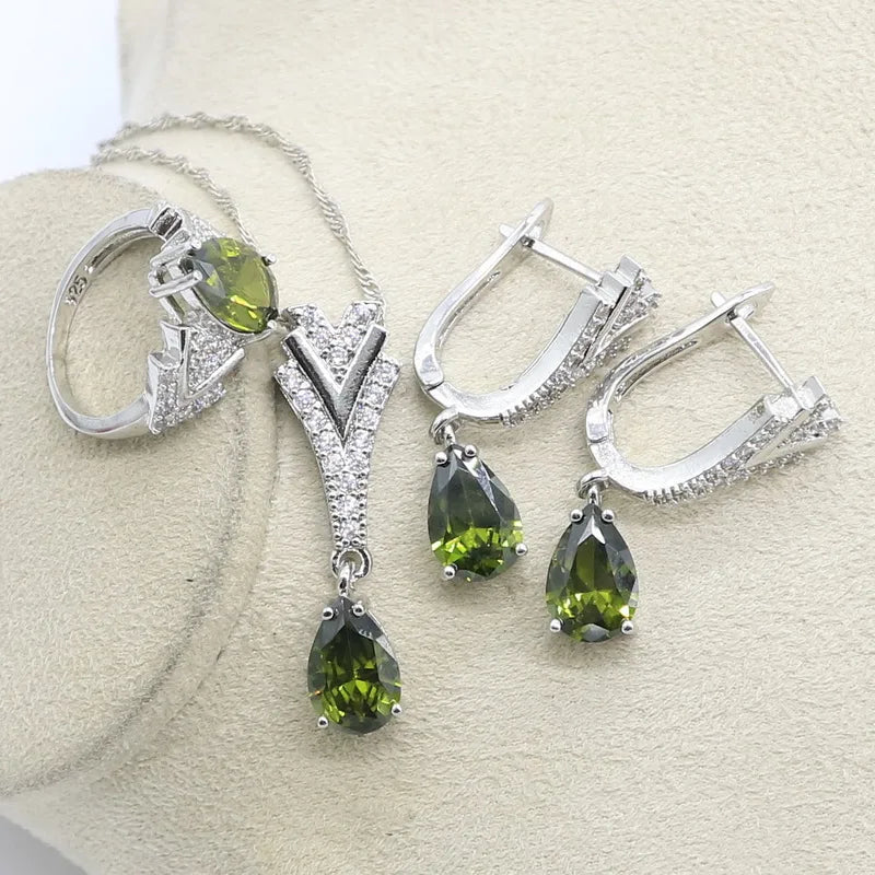 New Peridot Green Silver 925 Jewelry Set for Women with Bracelet Earrings Necklace Pendant Ring Birthday Gift