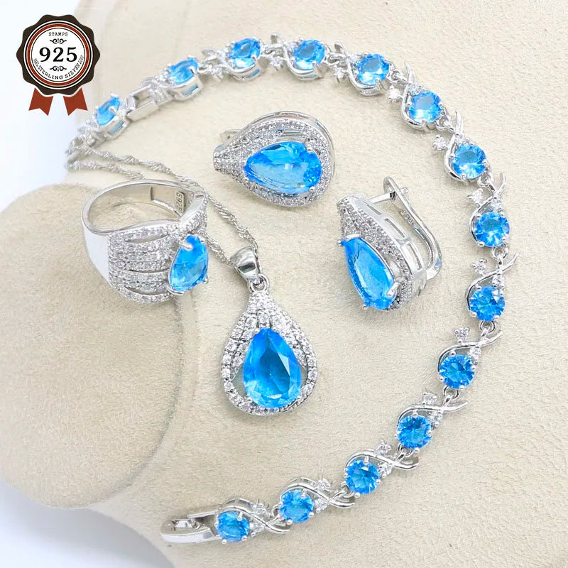 Sky Blue White Topaz 925 Sterling Silver Bridal Jewelry Sets For Women Earrings Necklace Ring Pendant Bracelets