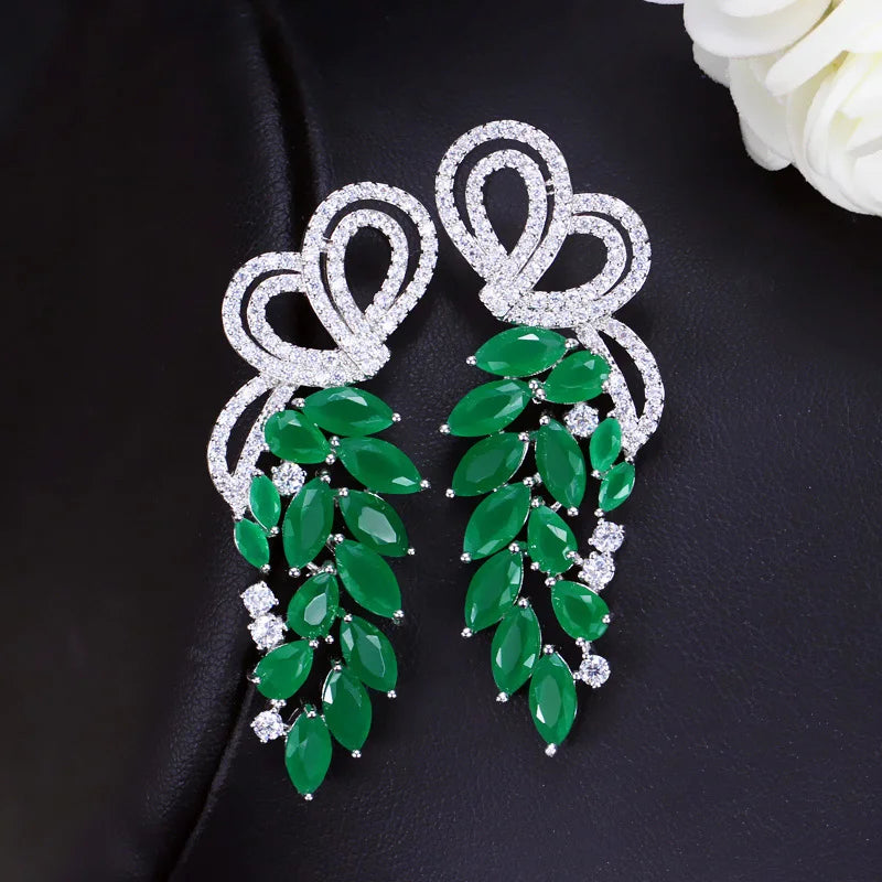 KIMLUD, Pera Fashion Silver Color Ear Jewelry Hanging Leaf Shape Green CZ Stone Long Symmetrical Drop Earrings for Women Party Gift E164, KIMLUD Womens Clothes