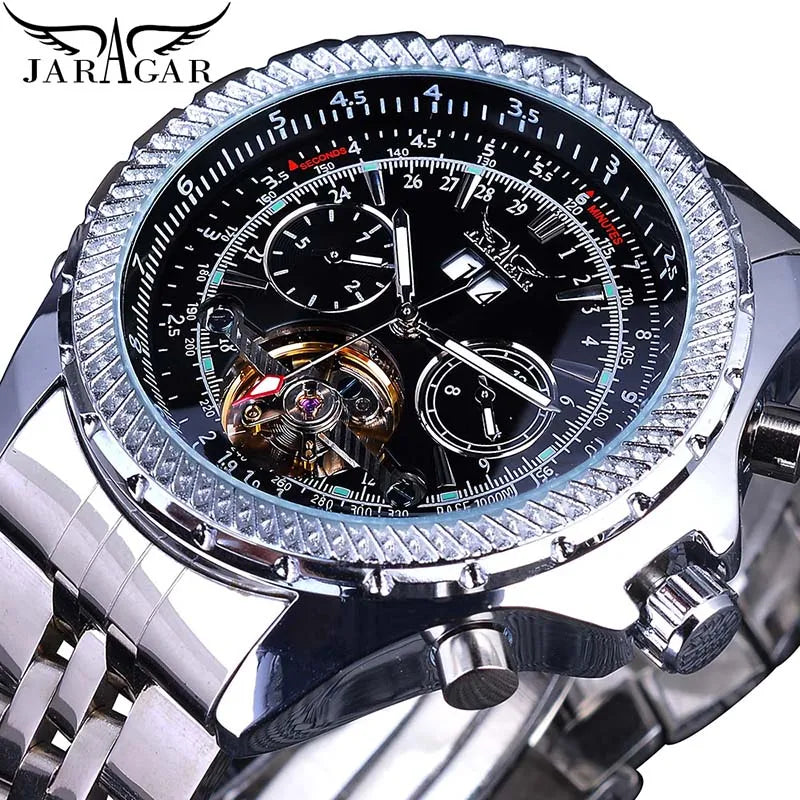 Jaragar 2017 Flying Series Golden Bezel Scale Dial Design Stainless Steel Mens Watch Top Brand Luxury Automatic Mechanical Watch