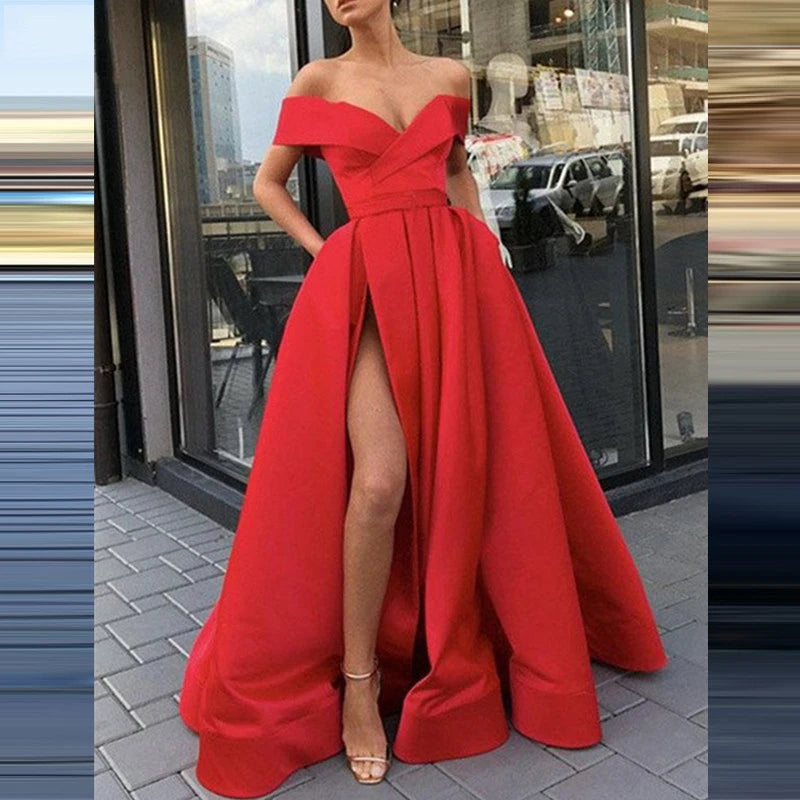 Fashion Solid Strapless Backless Maxi Dress New Women Elegant High Slit Party Dress Summer Fluffy Ruffle A-Line Dresses Clubwear