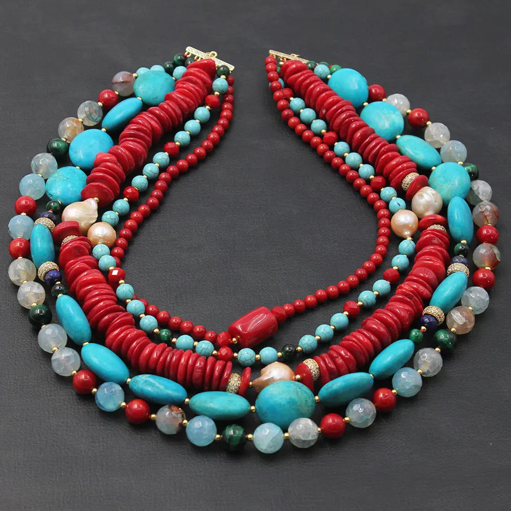 KIMLUD, GG 5 Rows Freshwater Keshi Pearl Howlite Rondelle Tiger eye Red Coral Lapis Crystal Statement Necklace Handmade For Women, KIMLUD Womens Clothes