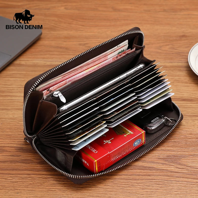 BISON DENIM Genuine leather Wallet Men Zipper Coin Pocket Long Purse Male Passport Cover RFID Blocking Card Holder Wallet