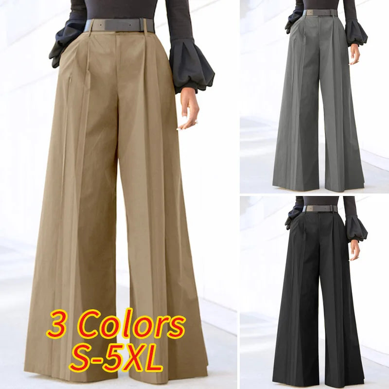 Plus Size 5XL VONDA Elegant Women Wide Leg Pants 2024 Casual Solid Color Long Trousers Loose Pockets Fashion High Waist Pantalon