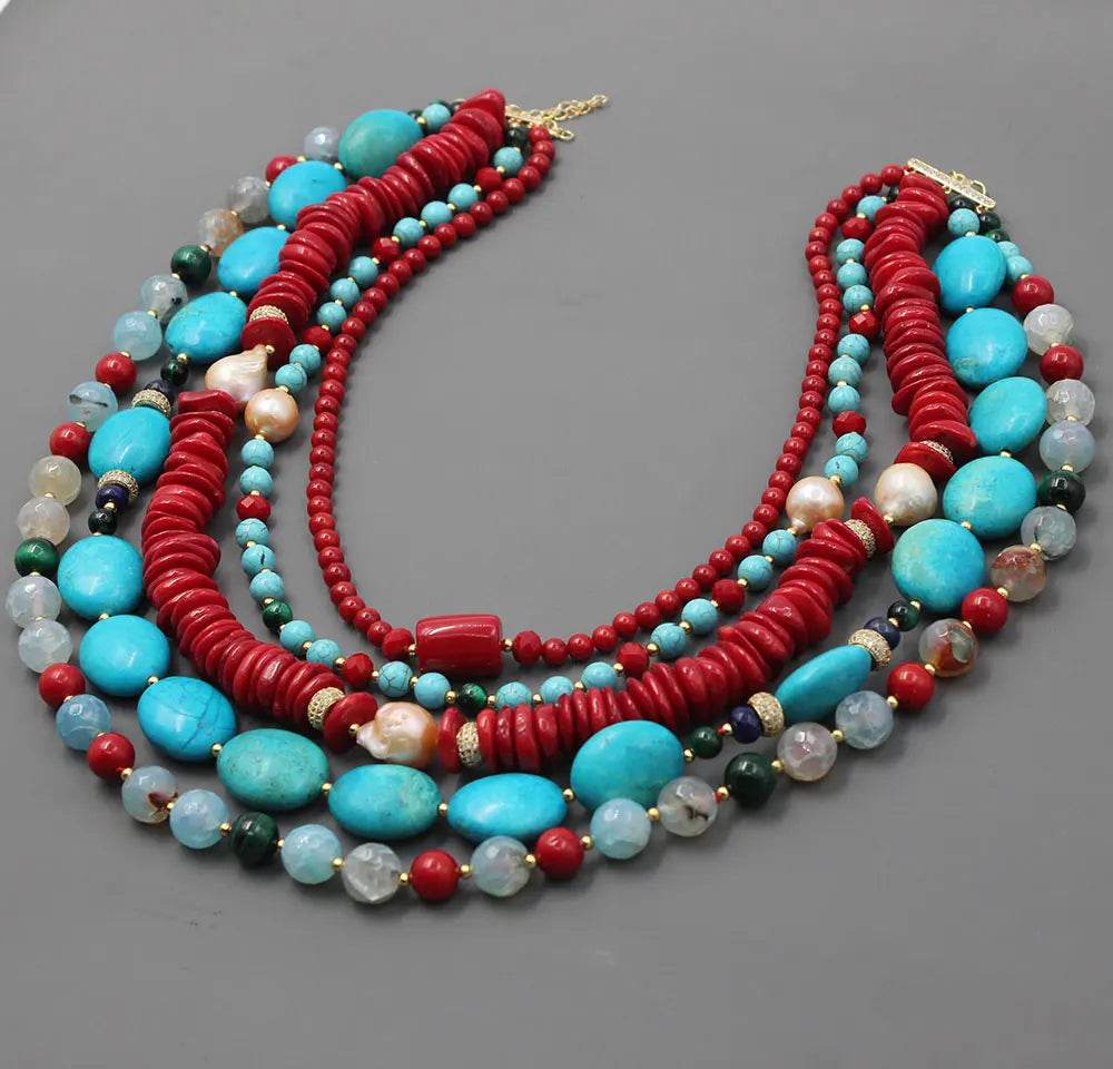 KIMLUD, GG 5 Rows Freshwater Keshi Pearl Howlite Rondelle Tiger eye Red Coral Lapis Crystal Statement Necklace Handmade For Women, KIMLUD Womens Clothes