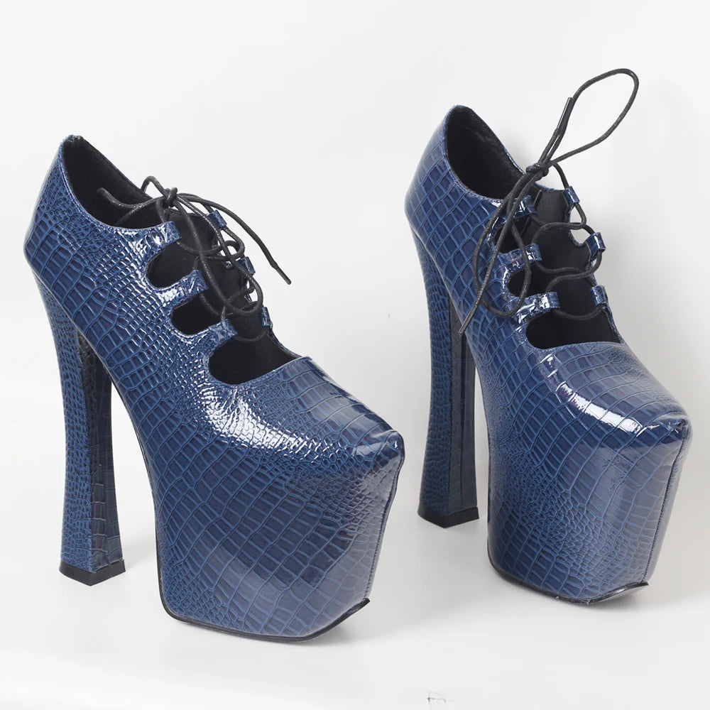 JIALUOWEI Vintage 70S retro chunky 7 1/2" heel platform Blue Snakeskin pumps Size5-15