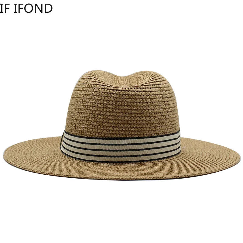 Panama Summer Straw Hats for Women Men Wide Brim Breathable Sun Beach Straw Hat UV Protection Fedora Cap