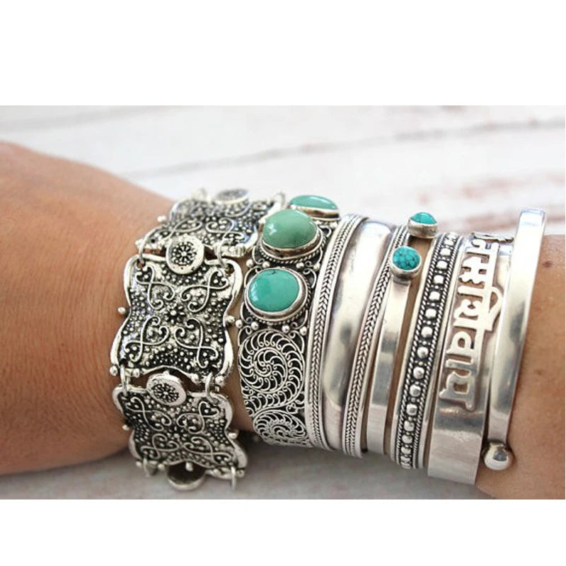 Gypsy Tribal Tibetan Bracelet for Women Boho Vintage Silvery Men's Turquoise Elastic Bangle Afghan Turkish Ethnic Indian Jewelry