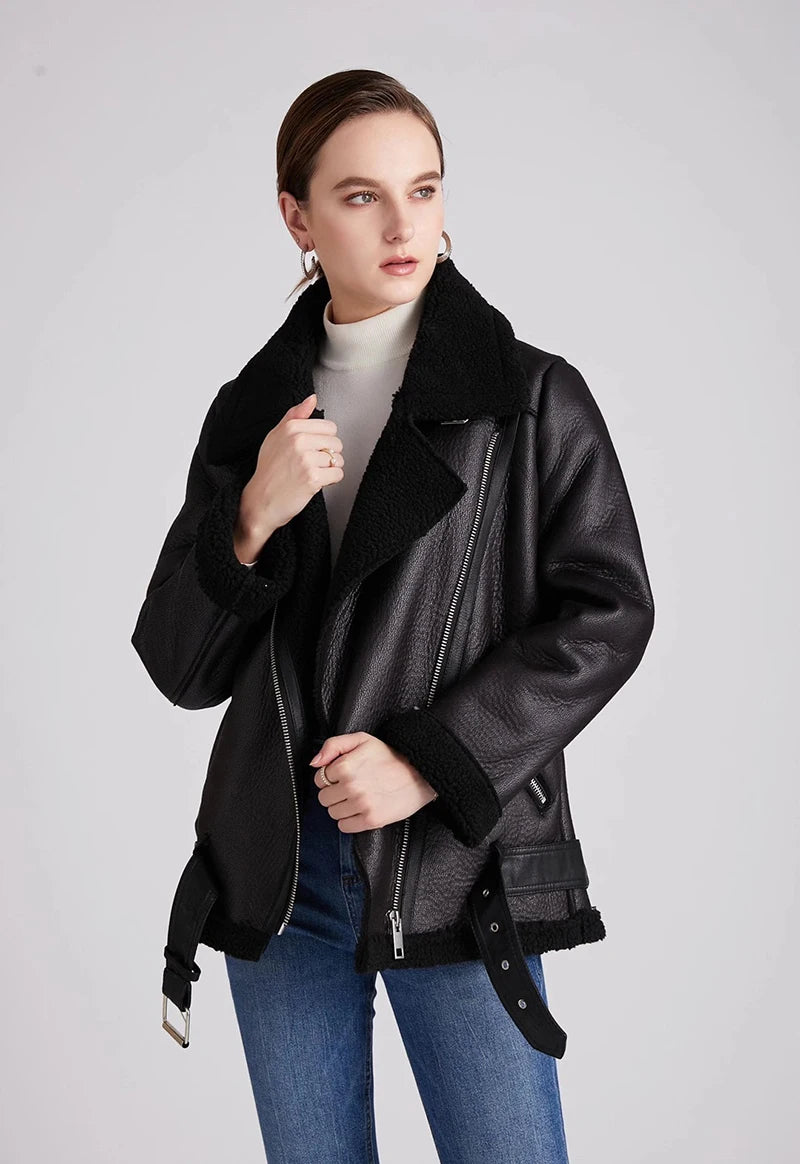 Women Leather Jacket 2021 Winter Faux Shearling Sheepskin Coat Female Thick Warm Suede Lambs Short Motorcycle Black Coats