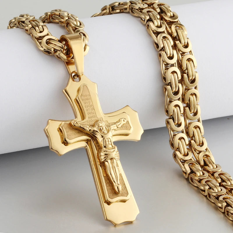 Religious Men Stainless Steel Crucifix Cross Pendant Necklace Heavy Byzantine Chain Necklaces Jesus Christ Holy Jewelry Gifts