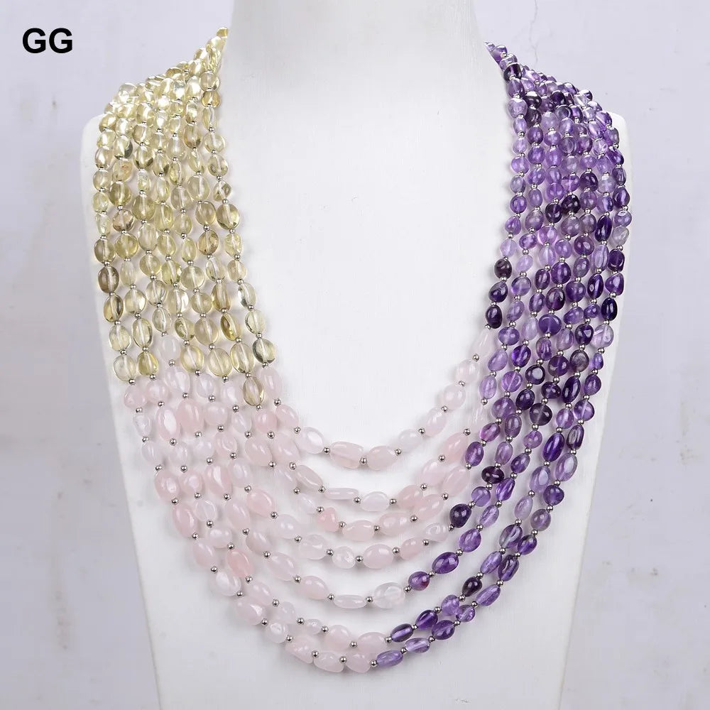 KIMLUD, GuaiGuai Jewelry Unique Real Natural 7 Strands Amethyst Rose Quartz Lemon Quartz Freeform Necklace 18", KIMLUD Womens Clothes