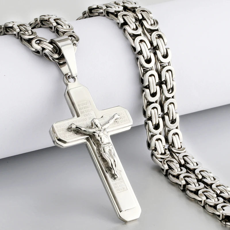 Religious Men Stainless Steel Crucifix Cross Pendant Necklace Heavy Byzantine Chain Necklaces Jesus Christ Holy Jewelry Gifts