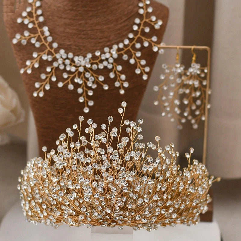 KIMLUD, Luxury Wedding Jewelry Set Bridal Headwear Crown Necklace And Earrings AB Color Crystal Rhinestone Jewelry Sets Handmade Unique, gold, KIMLUD APPAREL - Womens Clothes