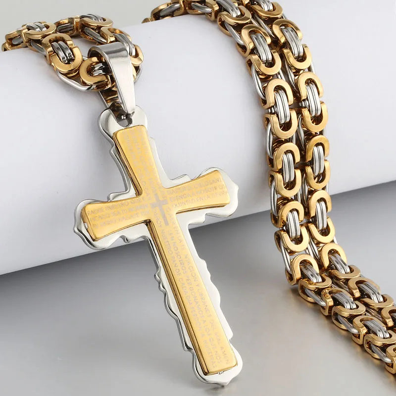 Religious Men Stainless Steel Crucifix Cross Pendant Necklace Heavy Byzantine Chain Necklaces Jesus Christ Holy Jewelry Gifts