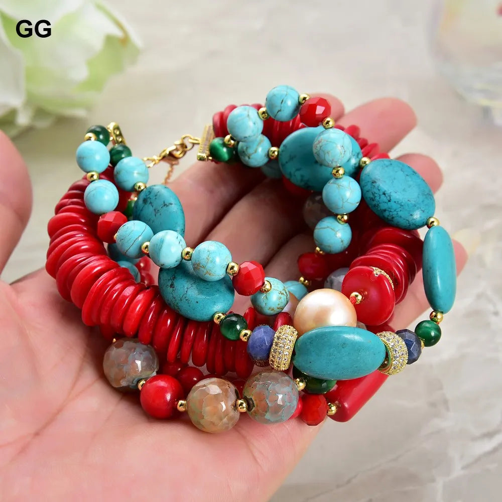 KIMLUD, GuaiGuai Jewelry 8" 5 Strands Natural Pearl Blue Turquoise Coral Gems Coral Stone Lapis Crystal Bracelet, KIMLUD Womens Clothes