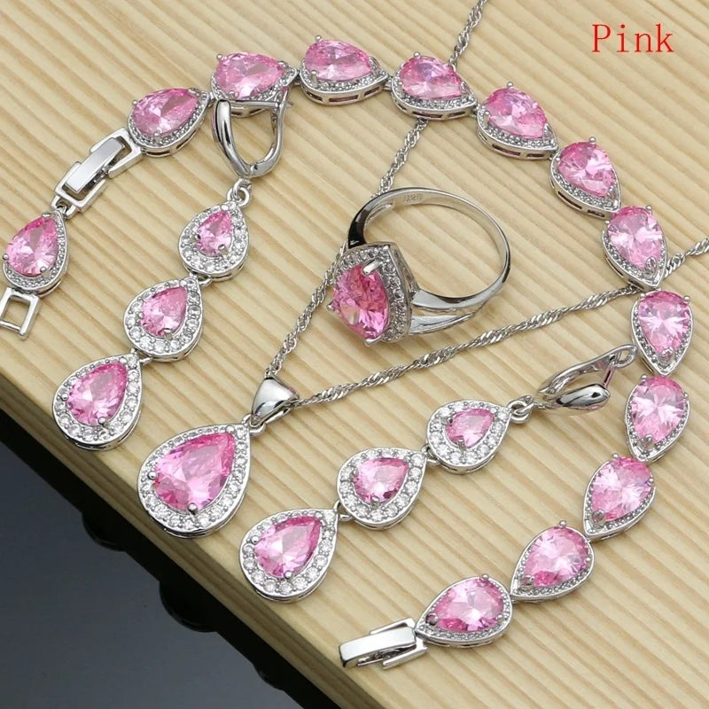 Water Drop Silver 925 Jewelry Red Ruby White Topaz Jewelry Sets Women Long Earrings/Pendant/Necklace/Rings/Bracelet Dropshipping