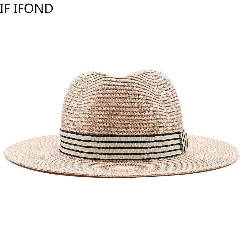 Panama Summer Straw Hats for Women Men Wide Brim Breathable Sun Beach Straw Hat UV Protection Fedora Cap