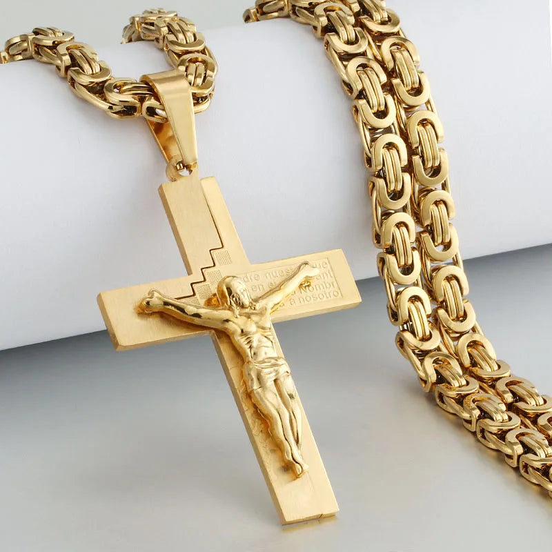 Religious Men Stainless Steel Crucifix Cross Pendant Necklace Heavy Byzantine Chain Necklaces Jesus Christ Holy Jewelry Gifts