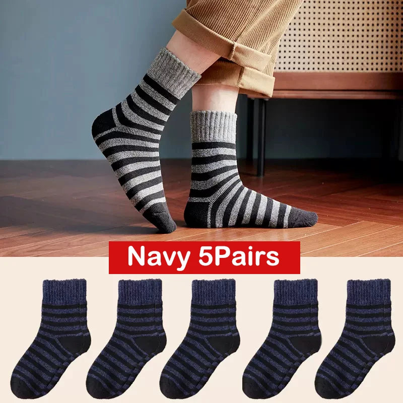 KIMLUD, 5pair Winter Thick Socks Men Super Thicker Solid Sock Striped Merino Wool Rabbit Socks Against Cold Snow Russia Winter Warm Sock, style 02 navy, KIMLUD APPAREL - Womens Clothes