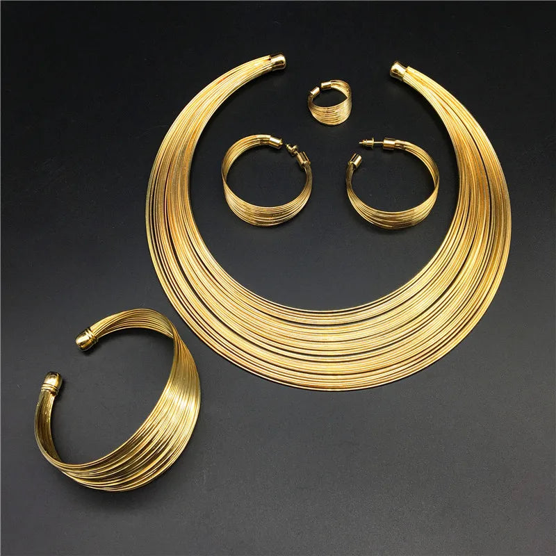 African Neck Choker Gold Plated Multilayer Choker Open Bib Bracelet Chunky Hoop Earrings Ring Set Fashion Jewelry Women Jewelry