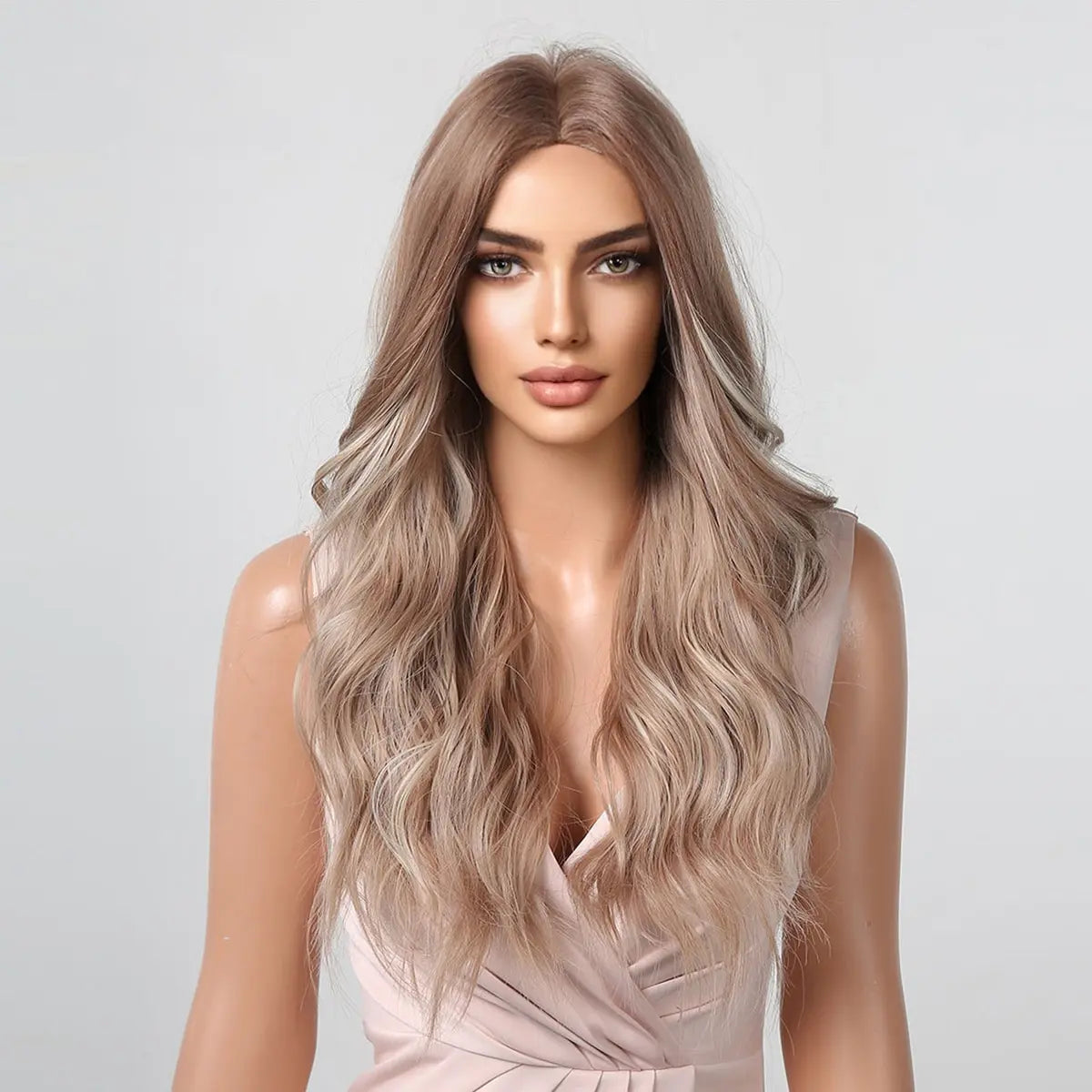 Long Wavy Wigs White Blonde Brown Roots Synthetic Natural Wave Hair Cosplay Wigs for Women High Temperature Fiber Middle Part - KIMLUD