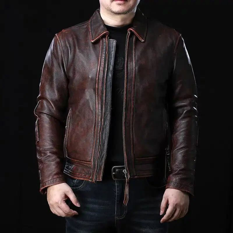 CC Shop.Vintage Brand cowhide Jacket,Classic casual genuine Leather coat.Motor Rider leather wear.Retro style.quality