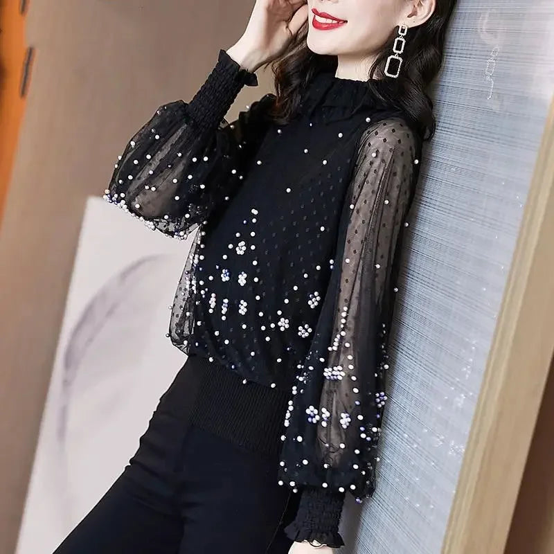 Blouse Women Chiffon Shirt Loose  Women's Clothing Bead Long Sleeve T-shirt Women's Top Blusas Mujer De Moda